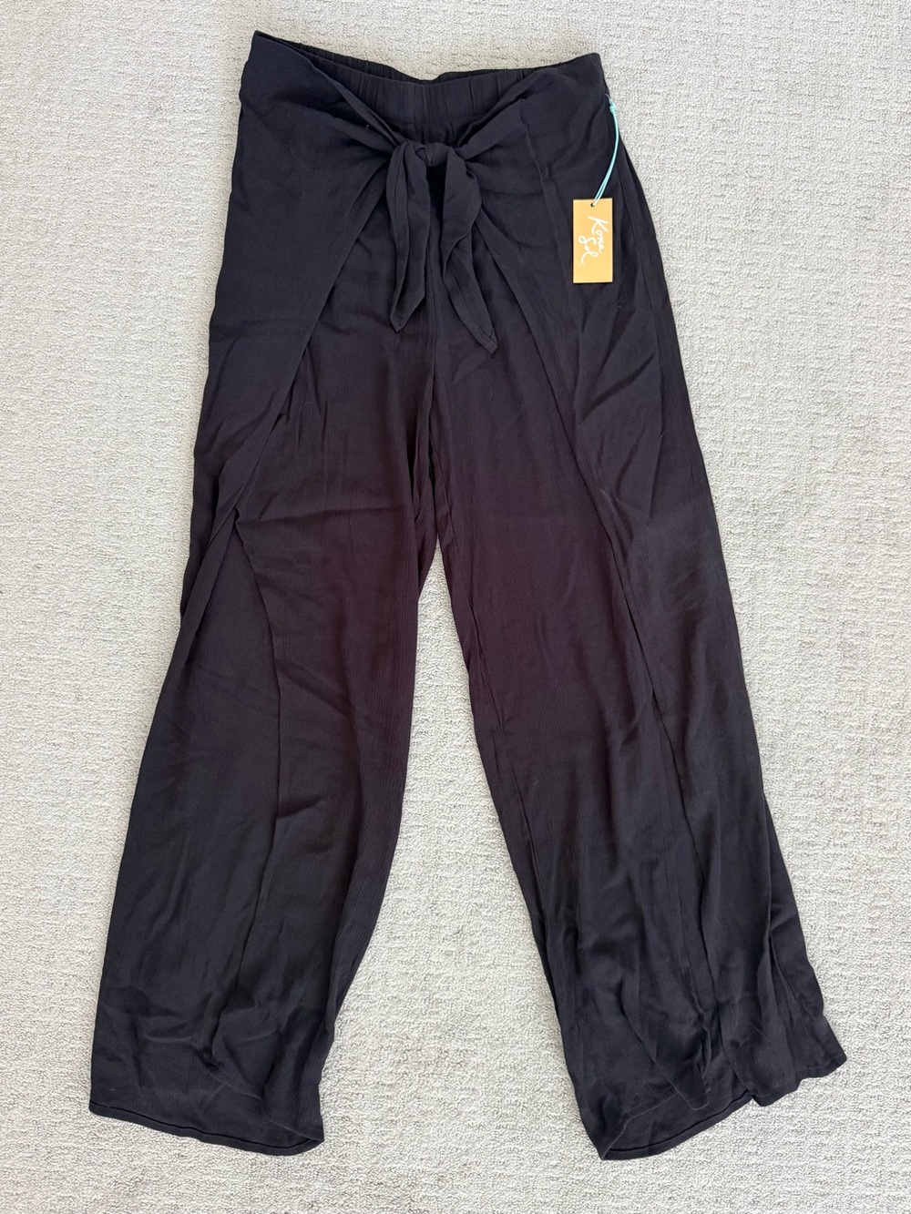 Womens Black Tie-Waist Beach Wide-Leg Slitted Coverup Pants